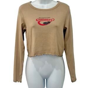 Cotton On Ford Mustang Country Tan Brown Long Sleeve Lettuce Hem Crop Tee size M